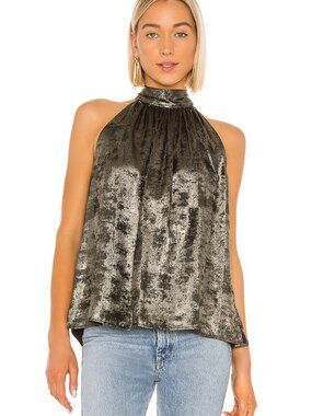 BCBGMaxAzria Halter Sleeveless Woven Top Blouse Tie-Back Black Metallic S